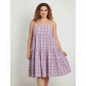 J Crew Women Plaid Midi Dress Size 24 Poplin Tiered Preppy Old Money Resort Pink